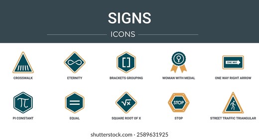 set of 10 outline web signs icons such as crosswalk, eternity, brackets grouping, woman with medal, one way right arrow, pi constant, equal vector icons for report, presentation, diagram, web