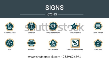 set of 10 outline web signs icons such as is greater than, gift shop, wireless network, favourite star, align center, tent, internet vector icons for report, presentation, diagram, web design,