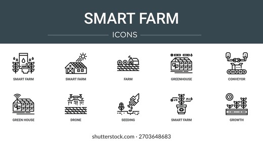 Conjunto de 10 iconos de granja inteligente de Web de contorno como granja inteligente, granja inteligente, invernadero, transportador, casa verde, iconos de vectores de drones, letreros y símbolos
