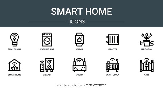Conjunto de 10 iconos de Web de contorno de hogar inteligente como luz inteligente, lavadora, reloj, radiador, riego, hogar inteligente, iconos de vectores de altavoces, letreros y símbolos