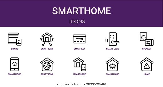 Set of 10 outline web Smarthome icons such as home, smarthome, smarthome, smarthome, speaker, smart lock vector icons for report, presentation, diagram, web design, mobile app