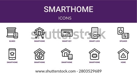 Set of 10 outline web Smarthome icons such as home, smarthome, smarthome, smarthome, speaker, smart lock vector icons for report, presentation, diagram, web design, mobile app