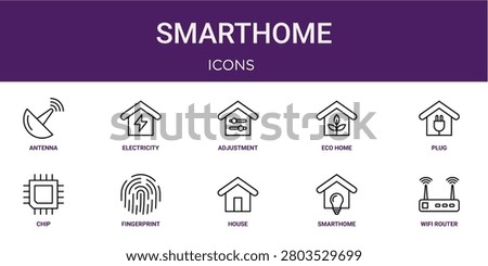 Set of 10 outline web Smarthome icons such as wifi router, smarthome, house, fingerprint, chip, plug, eco home vector icons for report, presentation, diagram, web design, mobile app