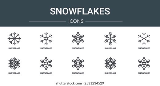 Satz von 10 Umriss Web-Schneeflocken-Symbole wie Schneeflocke, Schneeflocke, Schneeflocke, Vektorsymbole für Bericht, Präsentation, Diagramm, Web-Design, mobile App