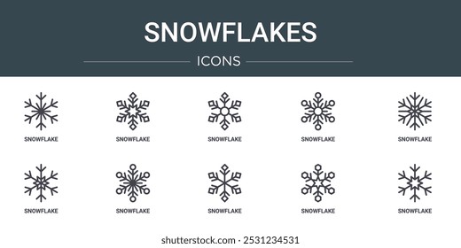 Conjunto de 10 iconos de copos de nieve de Web de contorno como copo de nieve, copo de nieve, copo de nieve, copo de nieve, iconos vectoriales para informe, presentación, diagrama, Diseño web, App móvil