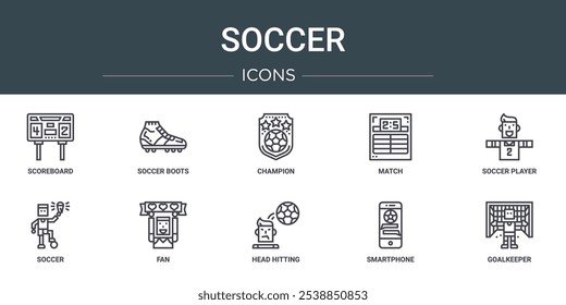set of 10 outline web soccer icons such as scoreboard, soccer boots, champion, match, soccer player, fan vector icons for report, presentation, diagram, web design, mobile app