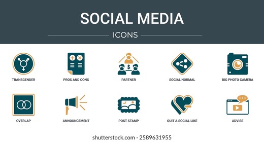 set of 10 outline web social media icons such as transgender, pros and cons, partner, social normal, big photo camera, overlap, announcement vector icons for report, presentation, diagram, web