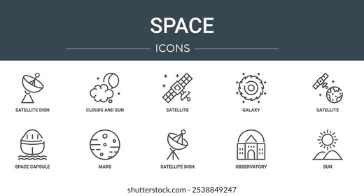 set of 10 outline web space icons such as satellite dish, clouds and sun, satellite, galaxy, satellite, space capsule, mars vector icons for report, presentation, diagram, web design, mobile app