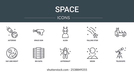 Conjunto de 10 iconos de espacio de Web de contorno como asteroide, pistola espacial, alienígena, estrella caída, día y noche, iconos vectoriales de big data para informe, presentación, diagrama, Diseño web, App móvil