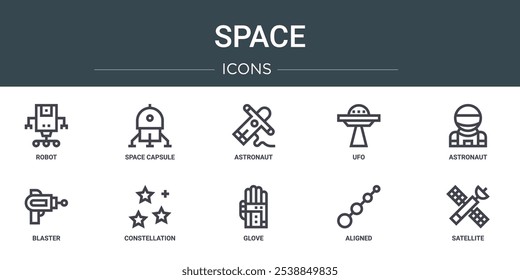 conjunto de 10 ícones do espaço web de contorno como robô, cápsula do espaço, astronauta, ufo, astronauta, blaster, ícones do vetor da constelação para relatório, apresentação, diagrama, web design, aplicativo móvel