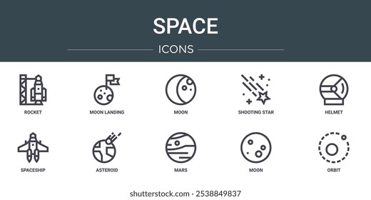 conjunto de 10 ícones do espaço web da estrutura de tópicos como foguete, pouso na lua, lua, estrela cadente, capacete, nave espacial, ícones do vetor do asteroide para relatório, apresentação, diagrama, web design, aplicativo móvel