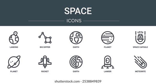 set of 10 outline web space icons such as landing, big dipper, earth, planet, space capsule, planet, rocket vector icons for report, presentation, diagram, web design, mobile app