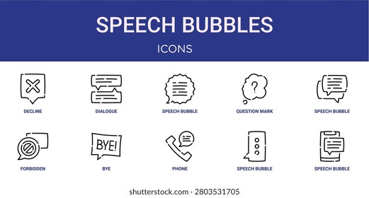Set of 10 outline web Speech Bubbles icons such as speech bubble, speech bubble, phone, bye, forbidden, speech bubble, question mark vector icons for report, presentation, diagram, web design,