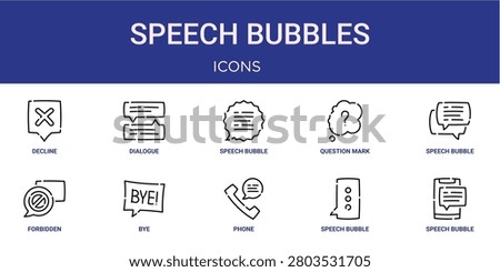 Set of 10 outline web Speech Bubbles icons such as speech bubble, speech bubble, phone, bye, forbidden, speech bubble, question mark vector icons for report, presentation, diagram, web design,