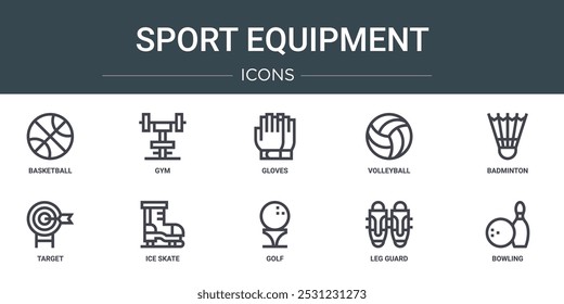 Satz von 10 Umriss Web-Sport-Geräte-Symbole wie Basketball, Fitnessraum, Handschuhe, Volleyball, Badminton, Ziel, Schlittschuh, Vektorsymbole für Bericht, Präsentation, Diagramm, Web-Design, mobile App