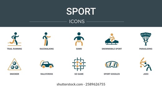 set of 10 outline web sport icons such as trail running, racewalking, sumo, snowmobile sport, paragliding, snooker, rallycross vector icons for report, presentation, diagram, web design, mobile app