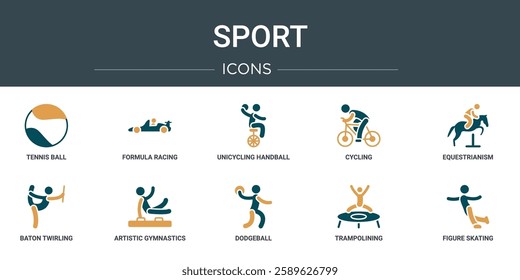 set of 10 outline web sport icons such as tennis ball, formula racing, unicycling handball, cycling, equestrianism, baton twirling, artistic gymnastics vector icons for report, presentation,