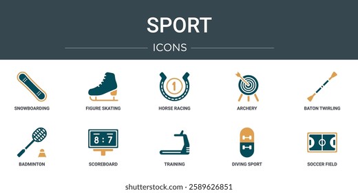 set of 10 outline web sport icons such as snowboarding, figure skating, horse racing, archery, baton twirling, badminton, scoreboard vector icons for report, presentation, diagram, web design,