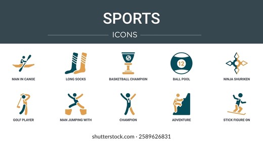 set of 10 outline web sports icons such as man in canoe, long socks, basketball champion, ball pool, ninja shuriken, golf player, man jumping with opened legs vector icons for report, presentation,