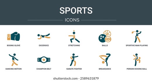 set of 10 outline web sports icons such as boxing glove, excersice, stretching, balls, sportive man playing with a ball, dancing motion, champion belt vector icons for report, presentation, diagram,