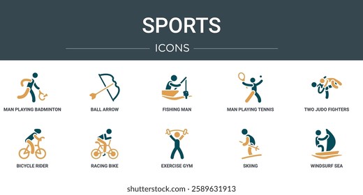 set of 10 outline web sports icons such as man playing badminton, ball arrow, fishing man, man playing tennis, two judo fighters, bicycle rider, racing bike vector icons for report, presentation,