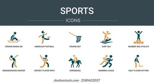 set of 10 outline web sports icons such as person riding on sleigh, american football player kicking the ball, fishing net, surf sea, number one athlete, breakdancing dancer, cricket player with bat