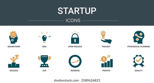 set of 10 outline web startup icons such as brainstorm, idea, open padlock, project, strategical planning, success, cup vector icons for report, presentation, diagram, web design, mobile app