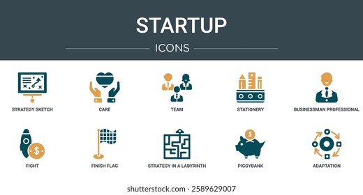 set of 10 outline web startup icons such as strategy sketch, care, team, stationery, businessman professional, fight, finish flag vector icons for report, presentation, diagram, web design, mobile