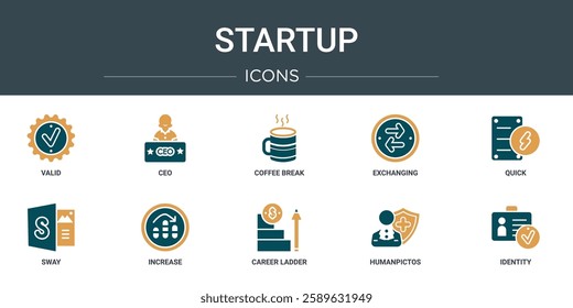 set of 10 outline web startup icons such as valid, ceo, coffee break, exchanging, quick, sway, increase vector icons for report, presentation, diagram, web design, mobile app