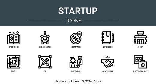 Conjunto de 10 iconos de inicio de Web de contorno como libro abierto, hucha, brújula, cuaderno, tienda, laberinto, iconos de vector, signo y símbolos