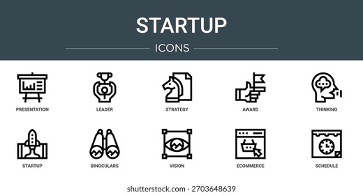 Conjunto de 10 iconos de inicio de Web de esquema como presentación, líder, estrategia, premio, pensamiento, inicio, iconos vectoriales de binoculares, signo y símbolos
