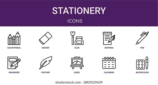 Set of 10 outline web Stationery icons such as Watercolor, calendar, easel, feather, organizer, pen, notepad vector icons for report, presentation, diagram, web design, mobile app