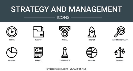 set of 10 outline web strategy and management icons such as clock, carpet, medal, rocket, magnifying glass, graphic, report vector icons, sign and symbols