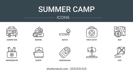 set of 10 outline web summer camp icons such as camper van, bonfire, match, first aid kit, map, refrigerator, teapot vector icons for report, presentation, diagram, web design, mobile app