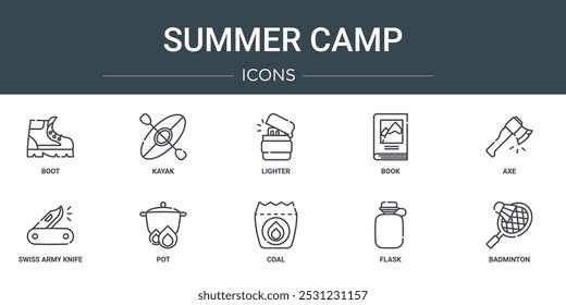 set of 10 outline web summer camp icons such as boot, kayak, lighter, book, axe, swiss army knife, pot vector icons for report, presentation, diagram, web design, mobile app