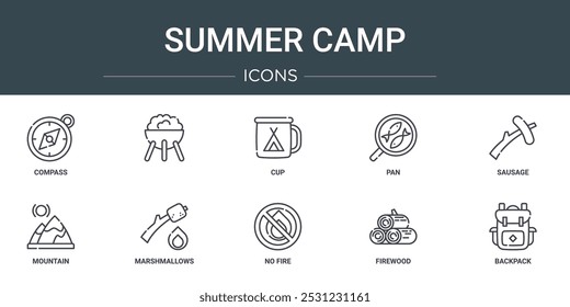 Conjunto de 10 iconos de Web de esquemas de campamento de verano como brújula, taza, sartén, salchicha, montaña, malvaviscos iconos vectoriales para informe, presentación, diagrama, Diseño web, App móvil