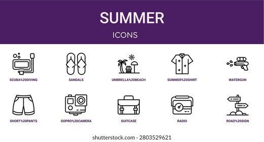 Set of 10 outline web Summer icons such as road sign, radio, suitcase, gopro camera, short pants, watergun, summer shirt vector icons for report, presentation, diagram, web design, mobile app