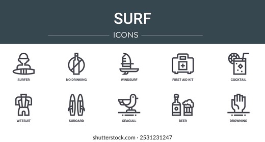 set of 10 outline web surf icons such as surfer, no drinking, windsurf, first aid kit, cocktail, wetsuit, suroard vector icons for report, presentation, diagram, web design, mobile app