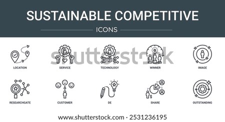 set of 10 outline web sustainable competitive icons such as location, service, technology, winner, image, researchgate, customer vector icons for report, presentation, diagram, web design, mobile