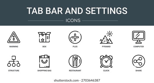 Conjunto de 10 iconos de la barra de la pestaña del Web del esquema y de las Configuraciones tales como advertencia, caja, más, pirámide, ordenador, estructura, iconos del vector del bolso de compras, signo y símbolos