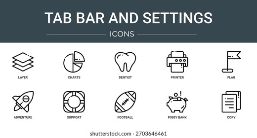 Conjunto de 10 iconos de la barra de pestañas del Web de contorno y de Configuraciones tales como capa, gráficos, dentista, impresora, bandera, aventura, iconos del vector de la Asistencia, signo y símbolos