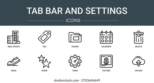 Conjunto de 10 iconos de la barra de la pestaña del Web del esquema y de las Configuraciones tales como bienes raíces, etiqueta, carpeta, calendario, Borrar, paseo, iconos del vector de las estrellas, signo y símbolos