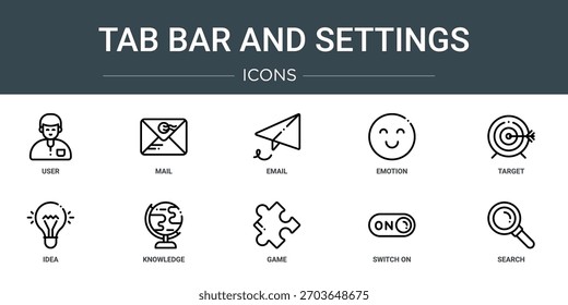 Satz von 10 Umriss Web-Tab-Leiste und Einstellungen Symbole wie Benutzer, E-Mail, E-Mail, Emotion, Ziel, Idee, Wissen, Vektorsymbole, Zeichen und Symbole
