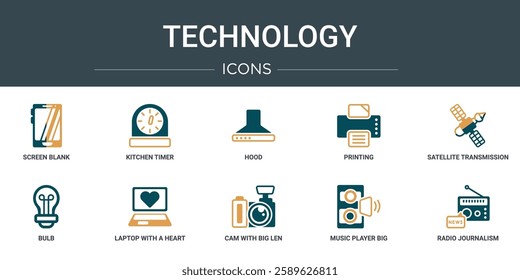 set of 10 outline web technology icons such as screen blank, kitchen timer, hood, printing, satellite transmission, bulb, laptop with a heart vector icons for report, presentation, diagram, web