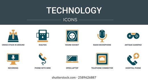 set of 10 outline web technology icons such as cross stuck in ground, dialysis, round socket, radio microphone, antique gamepad, recording, phone with wire vector icons for report, presentation,