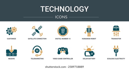 set of 10 outline web technology icons such as customize, satellite connection, digital number 15, humanoid robot, transistor, receive, telemarketing vector icons for report, presentation, diagram,