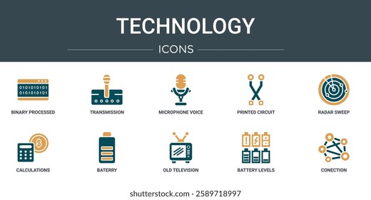 set of 10 outline web technology icons such as binary processed mobile analysis, transmission, microphone voice, printed circuit connections, radar sweep, calculations, baterry vector icons for