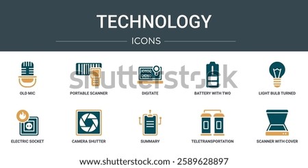 set of 10 outline web technology icons such as old mic, portable scanner, digitate, battery with two bars, light bulb turned off, electric socket on fire, camera shutter vector icons for report,