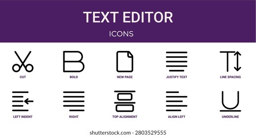 Set of 10 outline web Text Editor icons such as underline, align left, top alignment, right justification, left indent, line spacing, justify text vector icons for report, presentation, diagram, web
