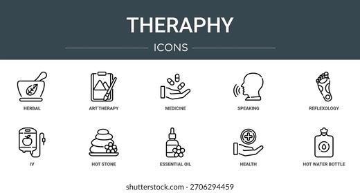 Conjunto de 10 iconos de la terapia del Web del esquema tales como herbario, terapia del arte, medicina, hablando, reflexología, IV, iconos del vector de la piedra caliente, signo y símbolos